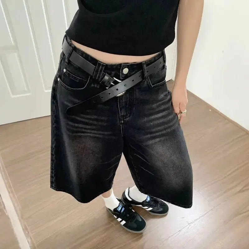 Casual Black Baggy Denim Jort