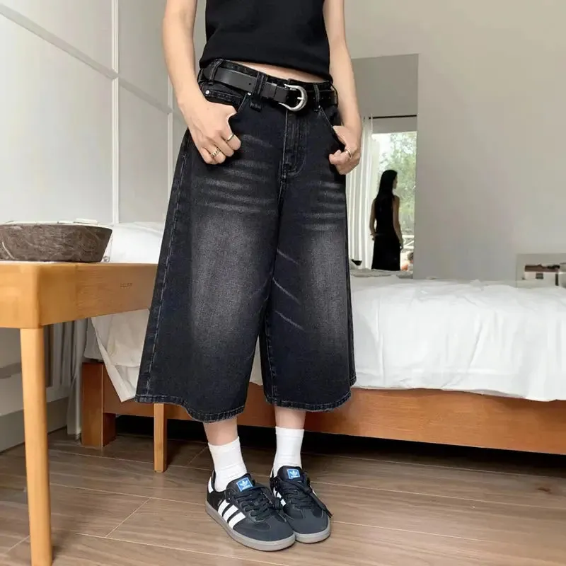 Casual Black Baggy Denim Jort