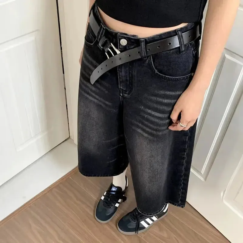 Casual Black Baggy Denim Jort