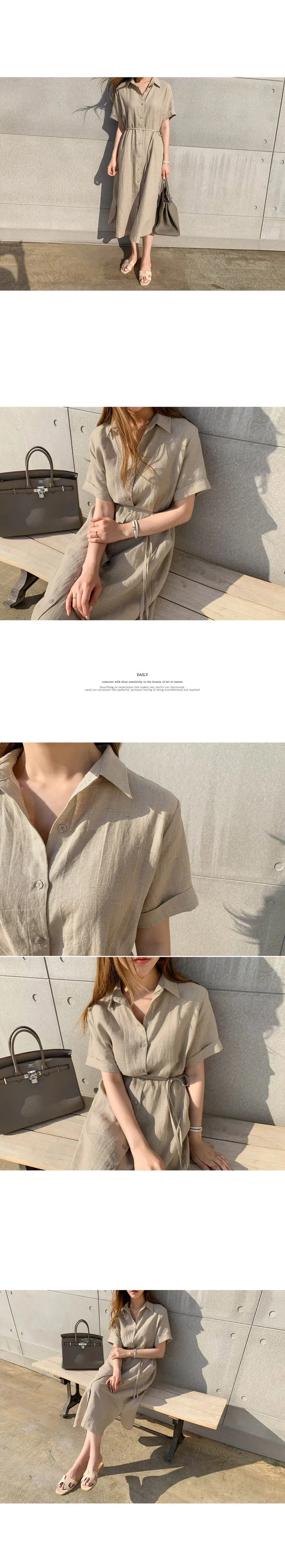 deanwangkt Korean Style Simple Loose Lace-up Waist-Tight Single-Breasted Short Sleeve Linen Shirt Dress Women's Clothing