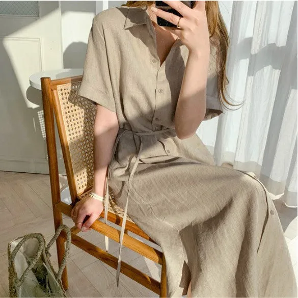 deanwangkt Korean Style Simple Loose Lace-up Waist-Tight Single-Breasted Short Sleeve Linen Shirt Dress Women's Clothing