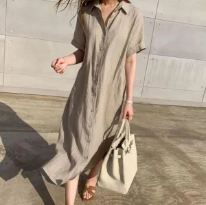 deanwangkt Korean Style Simple Loose Lace-up Waist-Tight Single-Breasted Short Sleeve Linen Shirt Dress Women's Clothing