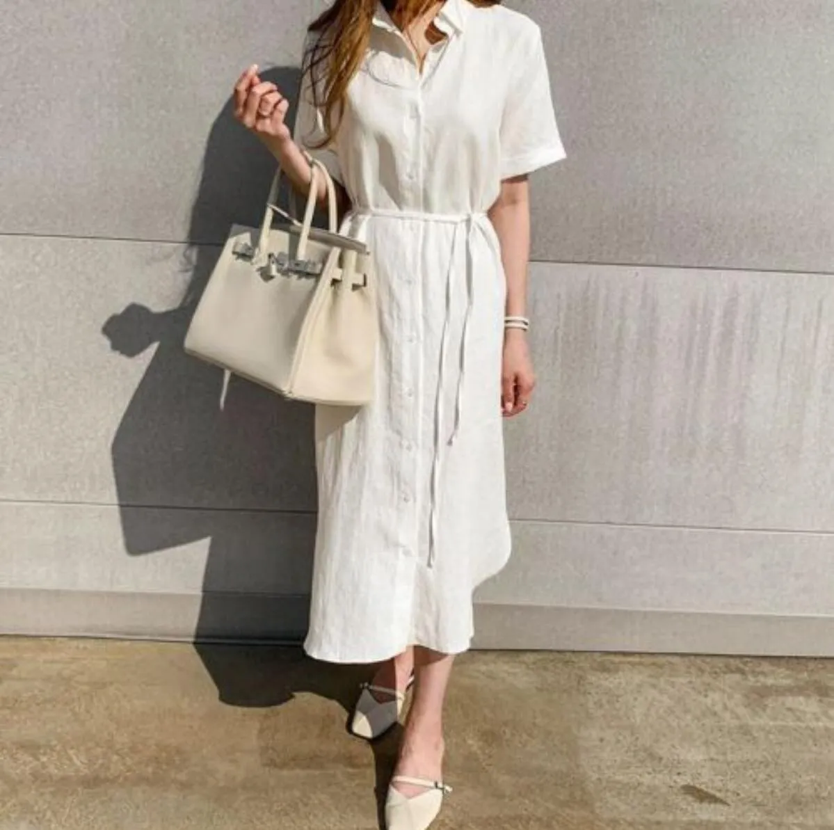 deanwangkt Korean Style Simple Loose Lace-up Waist-Tight Single-Breasted Short Sleeve Linen Shirt Dress Women's Clothing