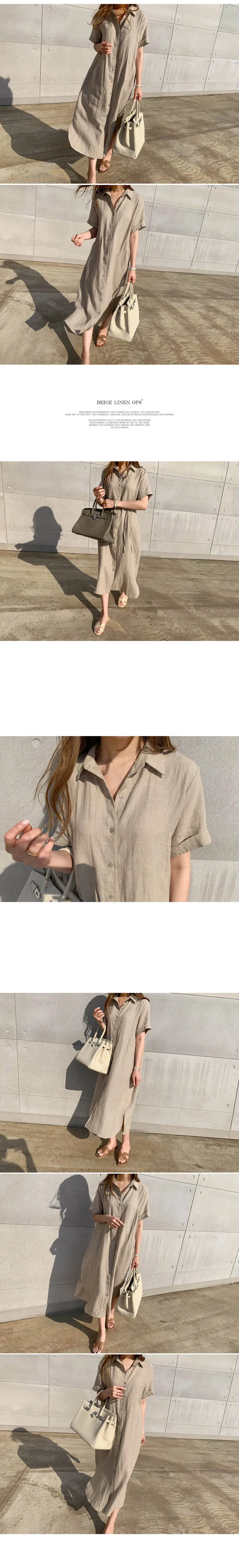 deanwangkt Korean Style Simple Loose Lace-up Waist-Tight Single-Breasted Short Sleeve Linen Shirt Dress Women's Clothing