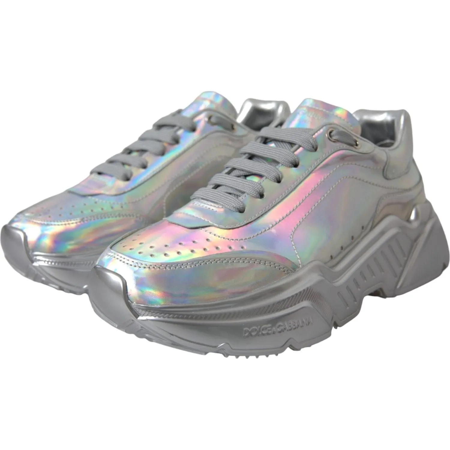 Dolce & Gabbana Silver Iridescent DAYMASTER Leather Sneakers Shoes