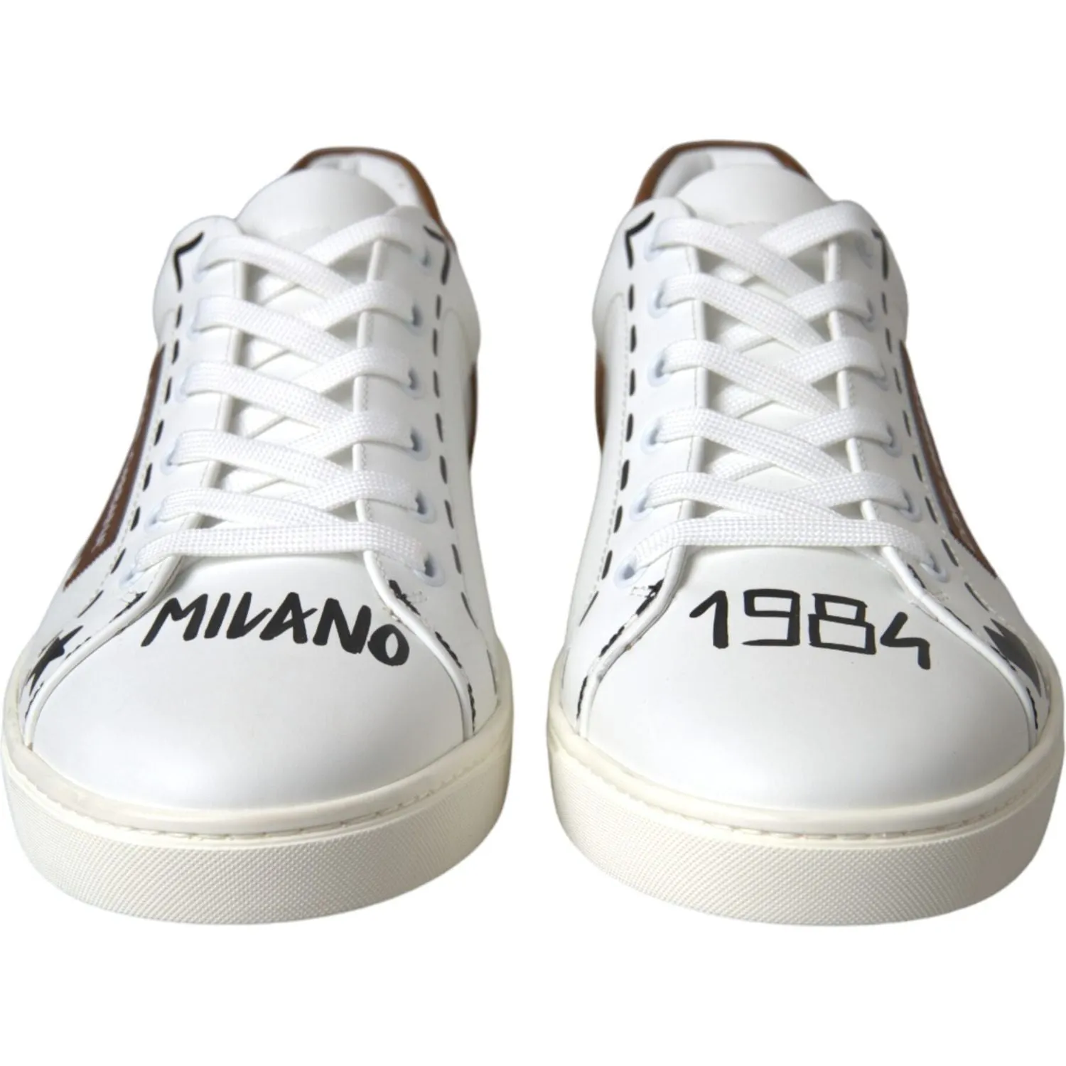 Dolce & Gabbana White Brown Leather Logo Low Top Sneakers Shoes