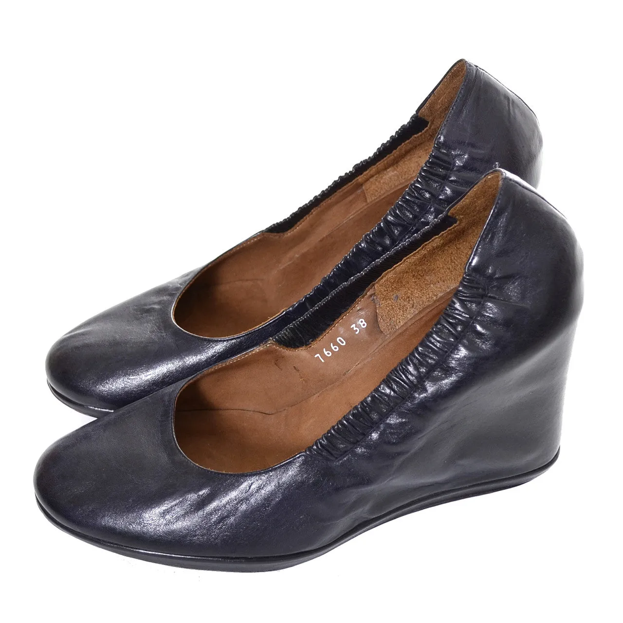 Dries Van Noten Midnight Blue Leather Wedge Pumps Covered Heels 7.5