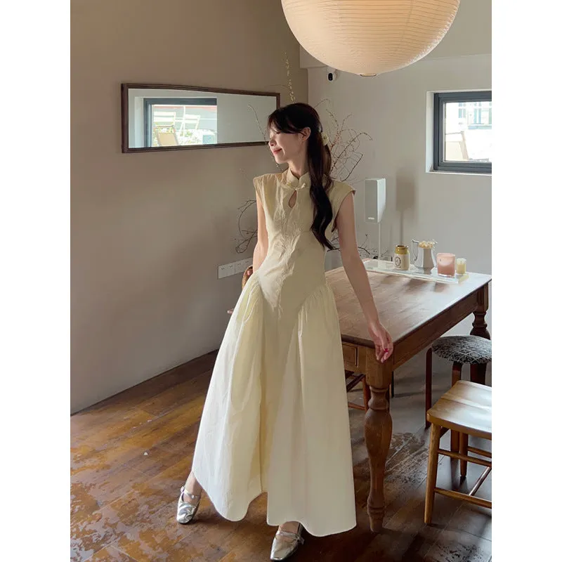 dunnmall Retro National Style New Chinese Style Improved Cheongsam Dress Summer Women's Tight Waist Elegant Buckle Stand Collar Flying Sleeve Long Dress