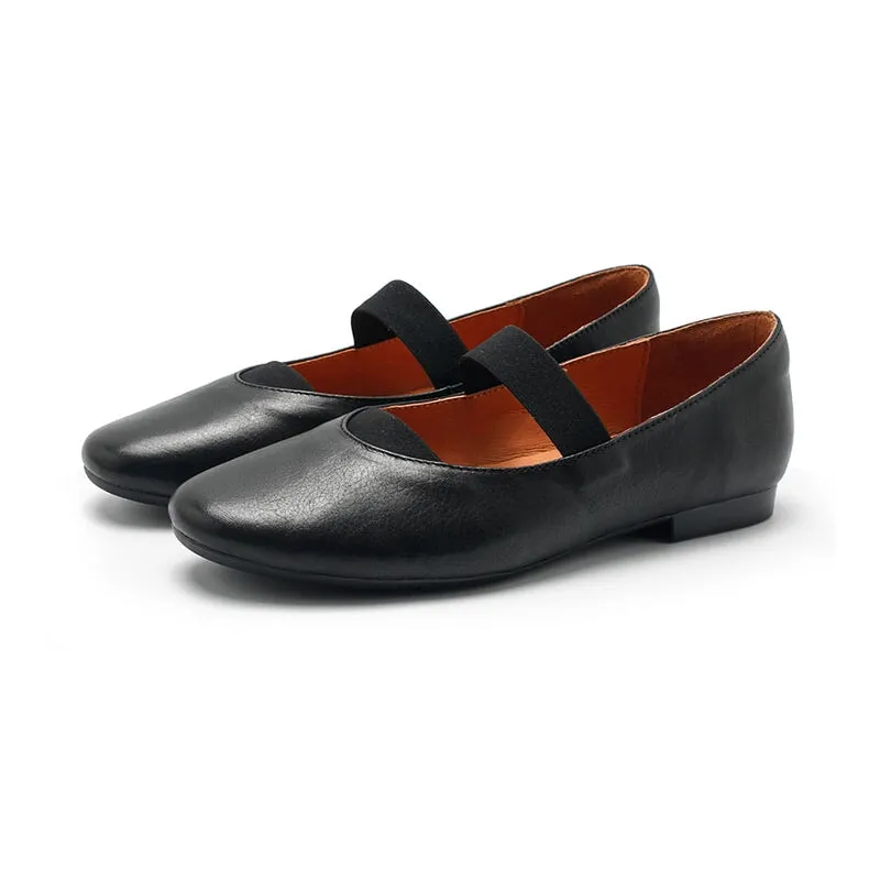 Dwarves Handmade Calfskin Women's Michaela Mary Jane Flats in Khaki/Apricot/Black