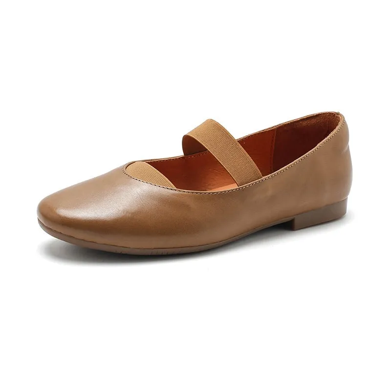 Dwarves Handmade Calfskin Women's Michaela Mary Jane Flats in Khaki/Apricot/Black