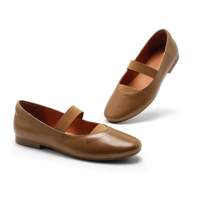 Dwarves Handmade Calfskin Women's Michaela Mary Jane Flats in Khaki/Apricot/Black