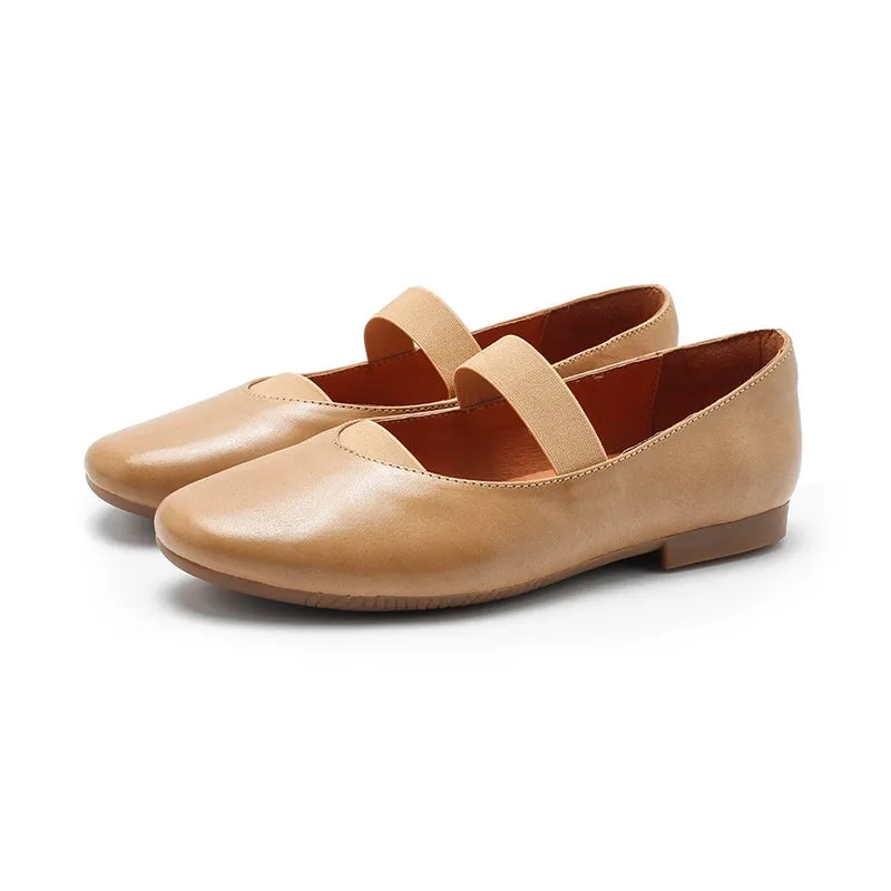 Dwarves Handmade Calfskin Women's Michaela Mary Jane Flats in Khaki/Apricot/Black