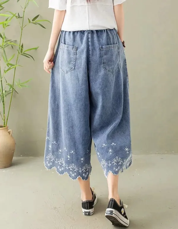 Embroidered Denim Summer Wide-leg Pants