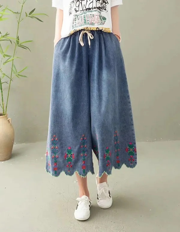 Embroidered Denim Summer Wide-leg Pants