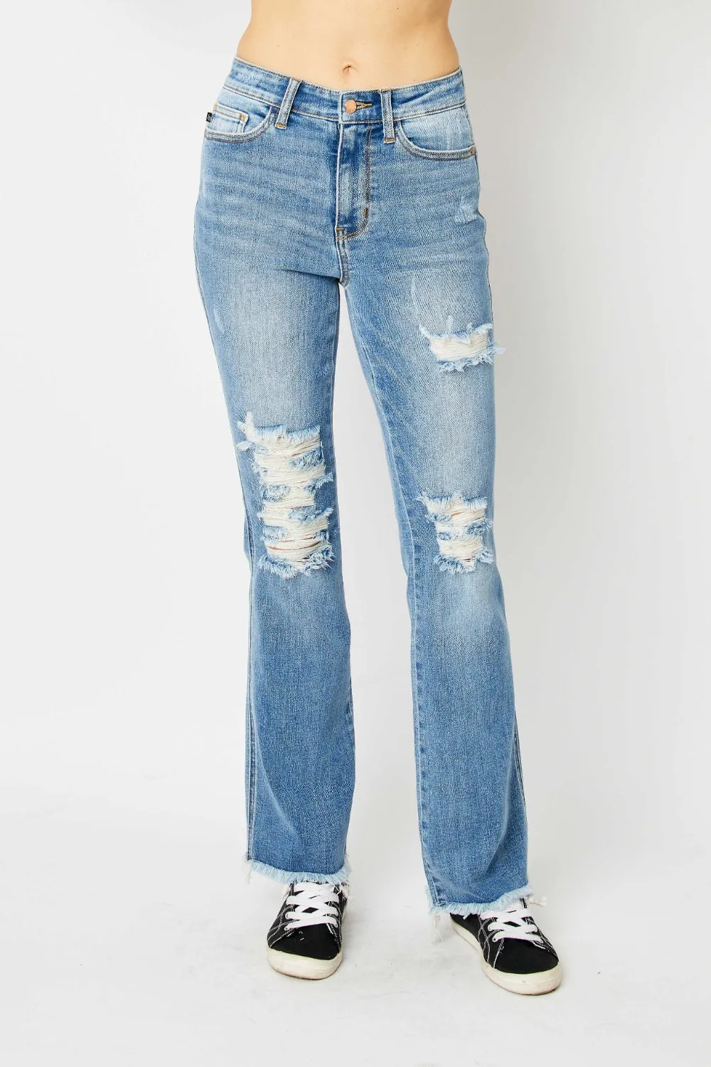 Full Size Distressed Raw Hem Bootcut Jeans