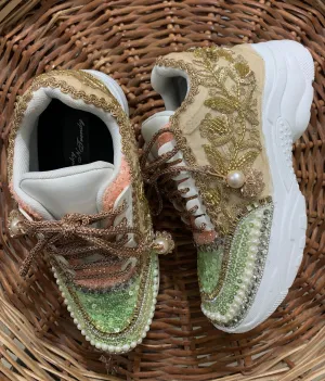 FUNKY N TRENDY Green and Gold intricate hand work sneakers for brides / bridesmaids