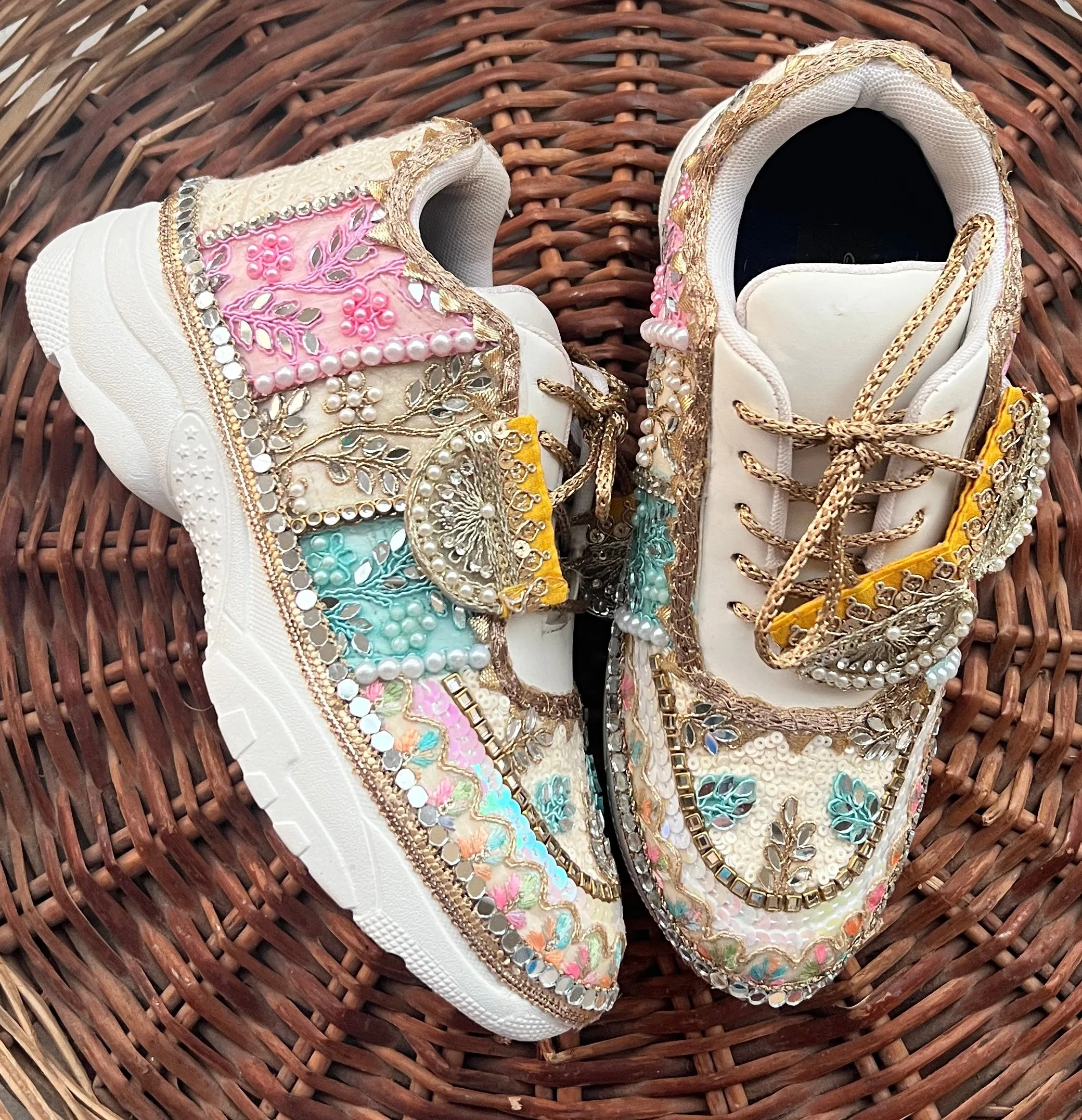 FUNKY N TRENDY hand crafted pastel bridal sneakers / gold sneakers / pastel sneakers / embroidery sneakers / sneakers for bride/ bridal shoes / multi colored shoes / pastel shades / ivory with pastel colors/ embroidery shoes