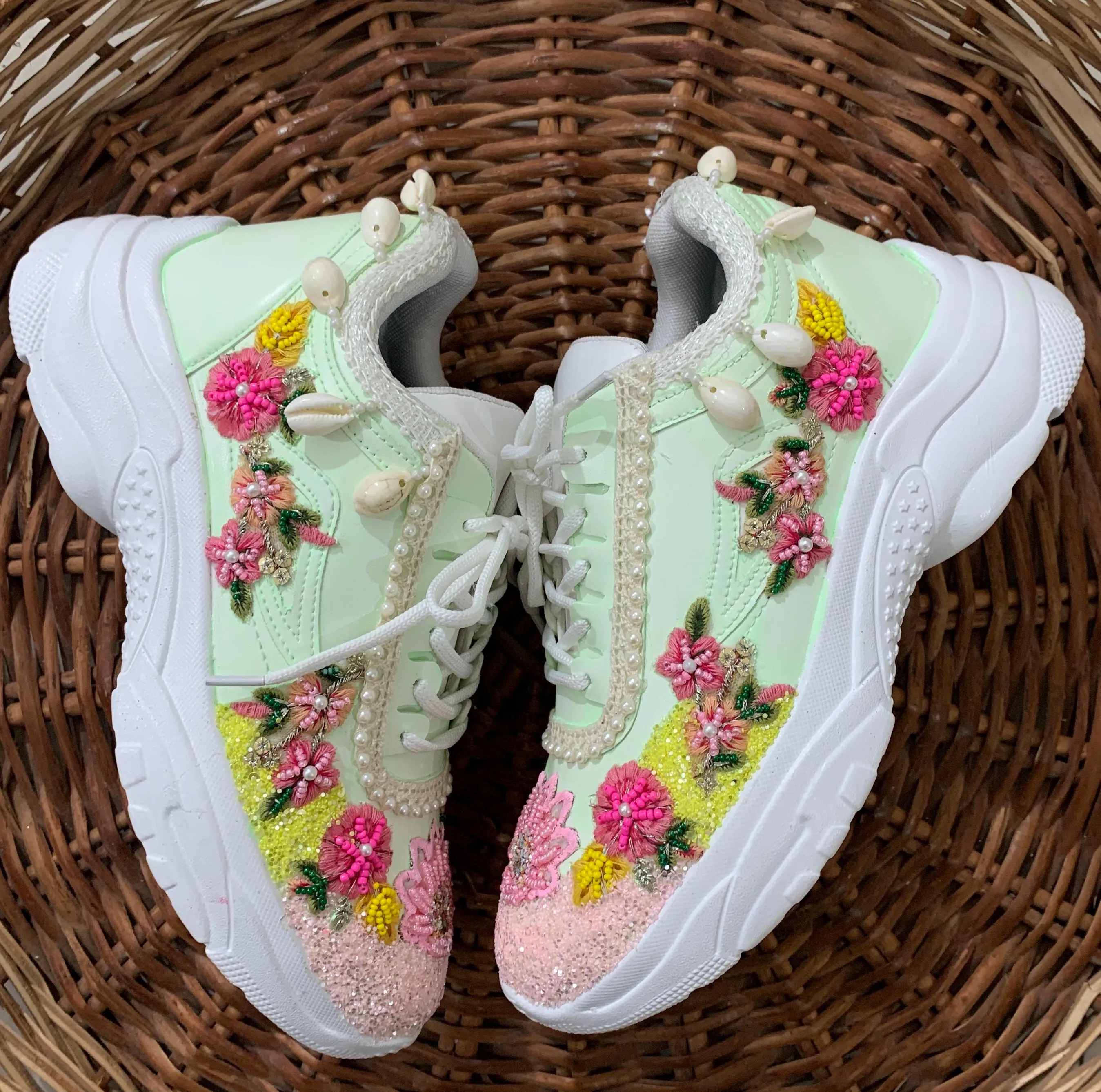 FUNKY N TRENDY mint green embroidered floral theme sneakers with shells pearls detailing for brides / bridesmaids