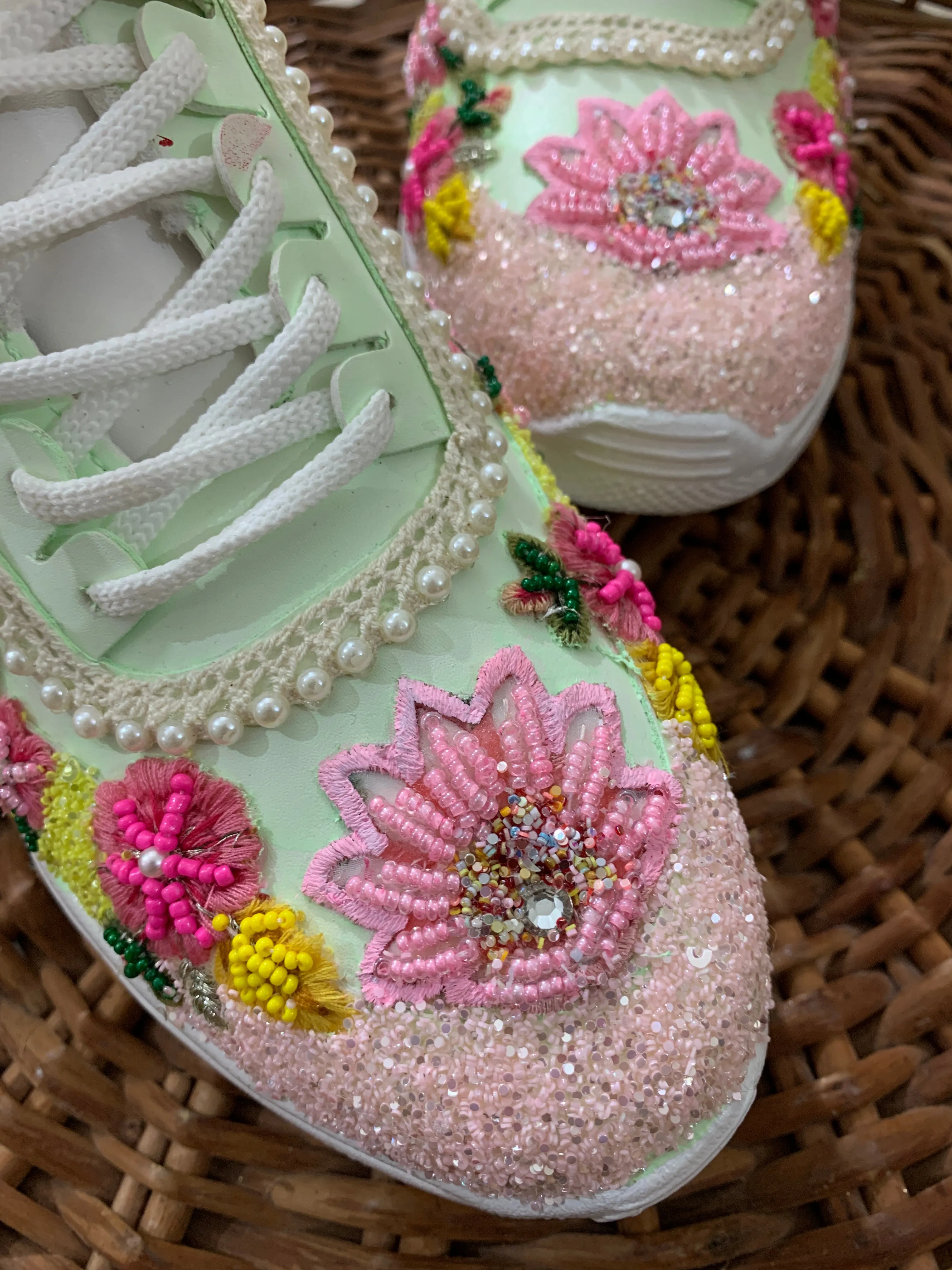 FUNKY N TRENDY mint green embroidered floral theme sneakers with shells pearls detailing for brides / bridesmaids