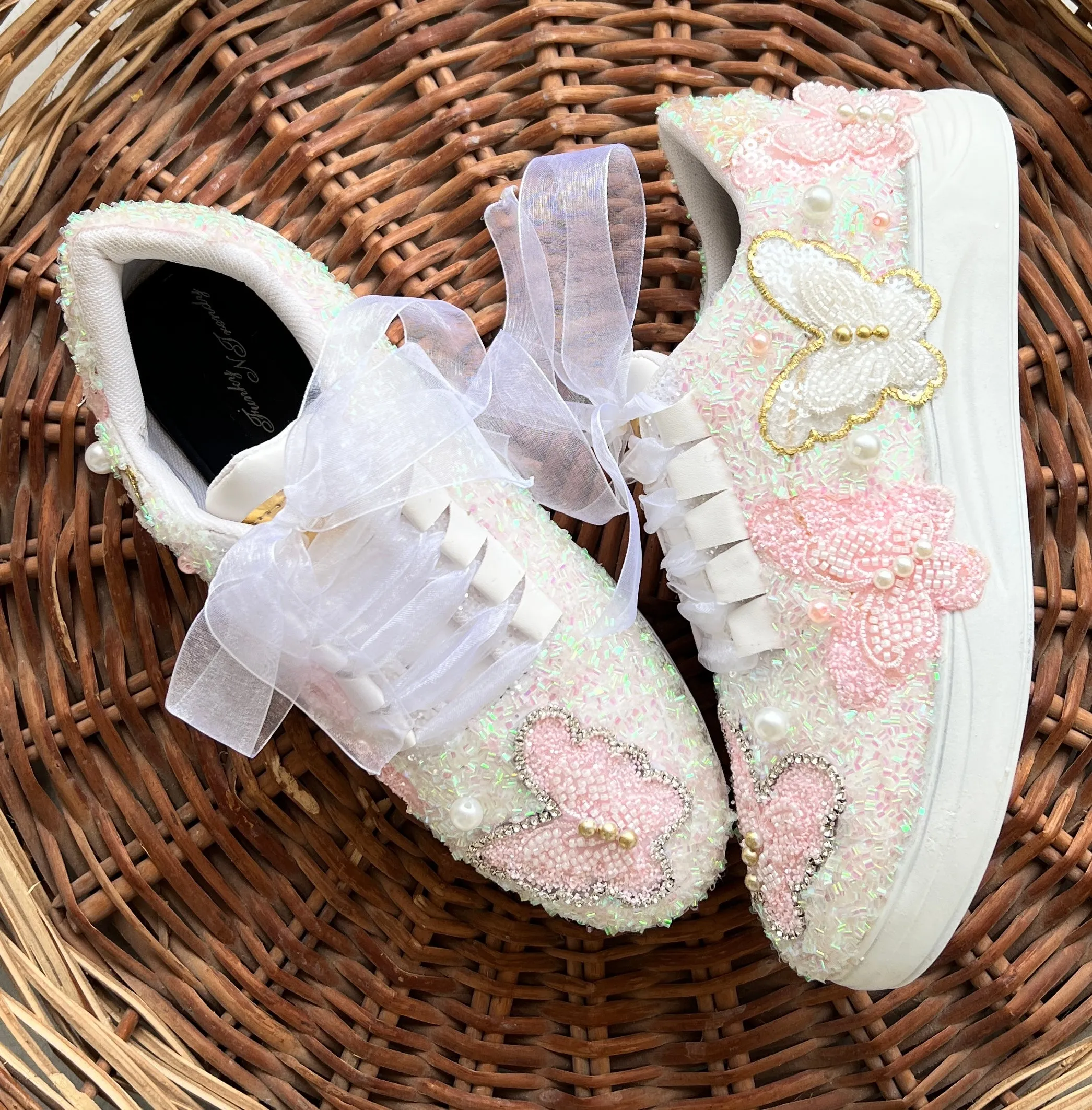 FUNKY N TRENDY pink white butterfly sneakers/ hand work sneakers for brides / bridesmaids/ pink shoes / pink sneakers