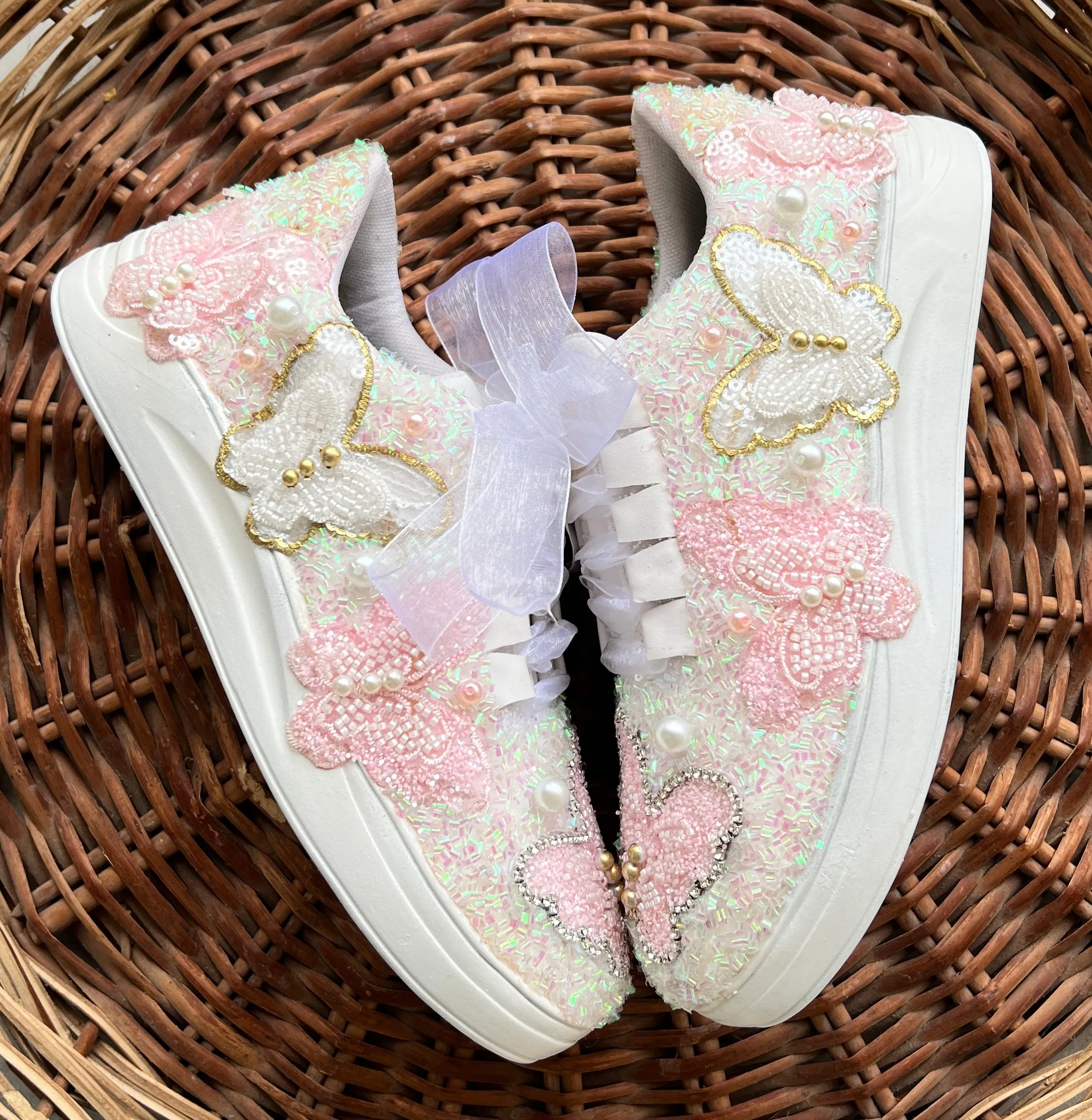 FUNKY N TRENDY pink white butterfly sneakers/ hand work sneakers for brides / bridesmaids/ pink shoes / pink sneakers