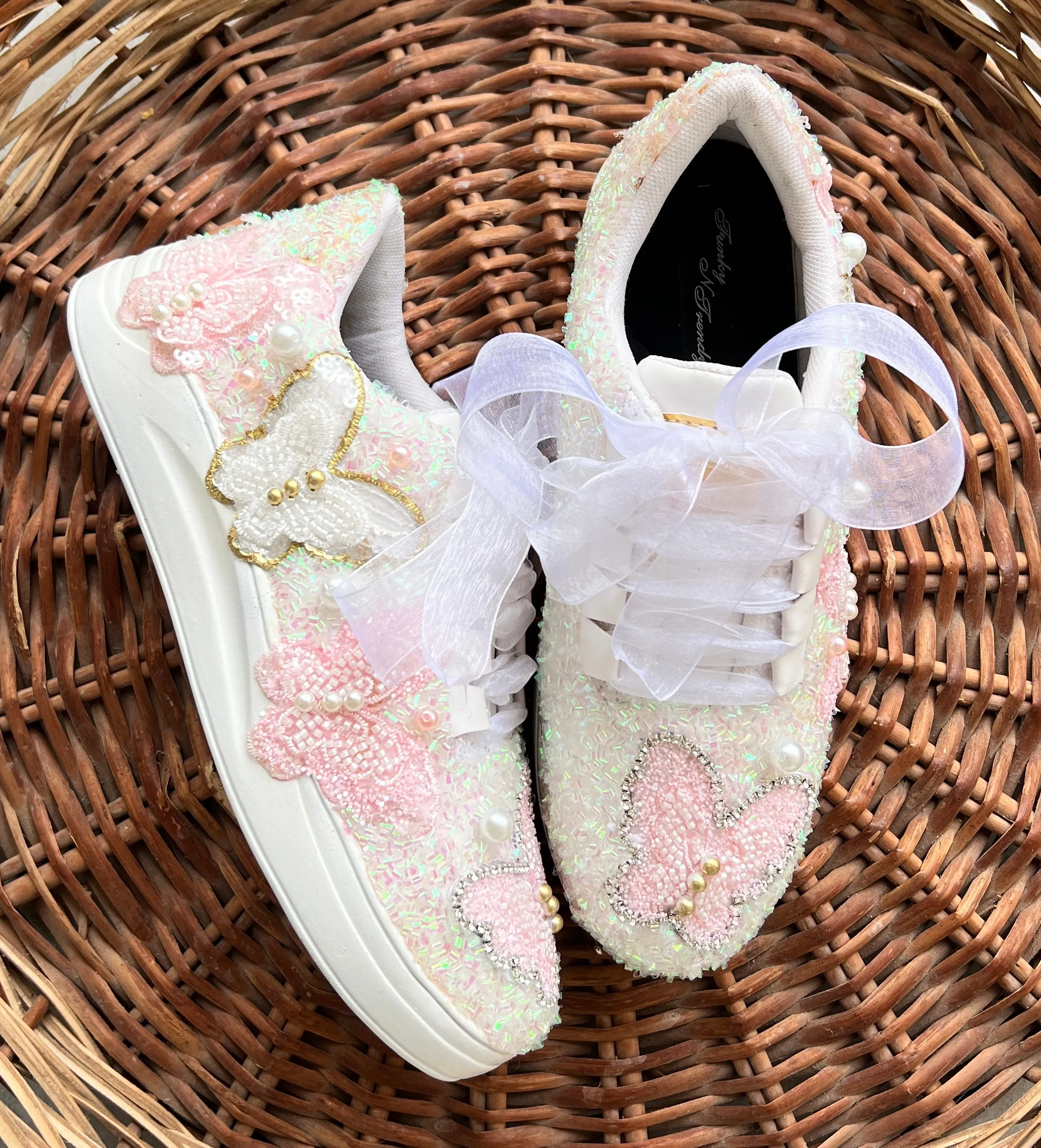 FUNKY N TRENDY pink white butterfly sneakers/ hand work sneakers for brides / bridesmaids/ pink shoes / pink sneakers