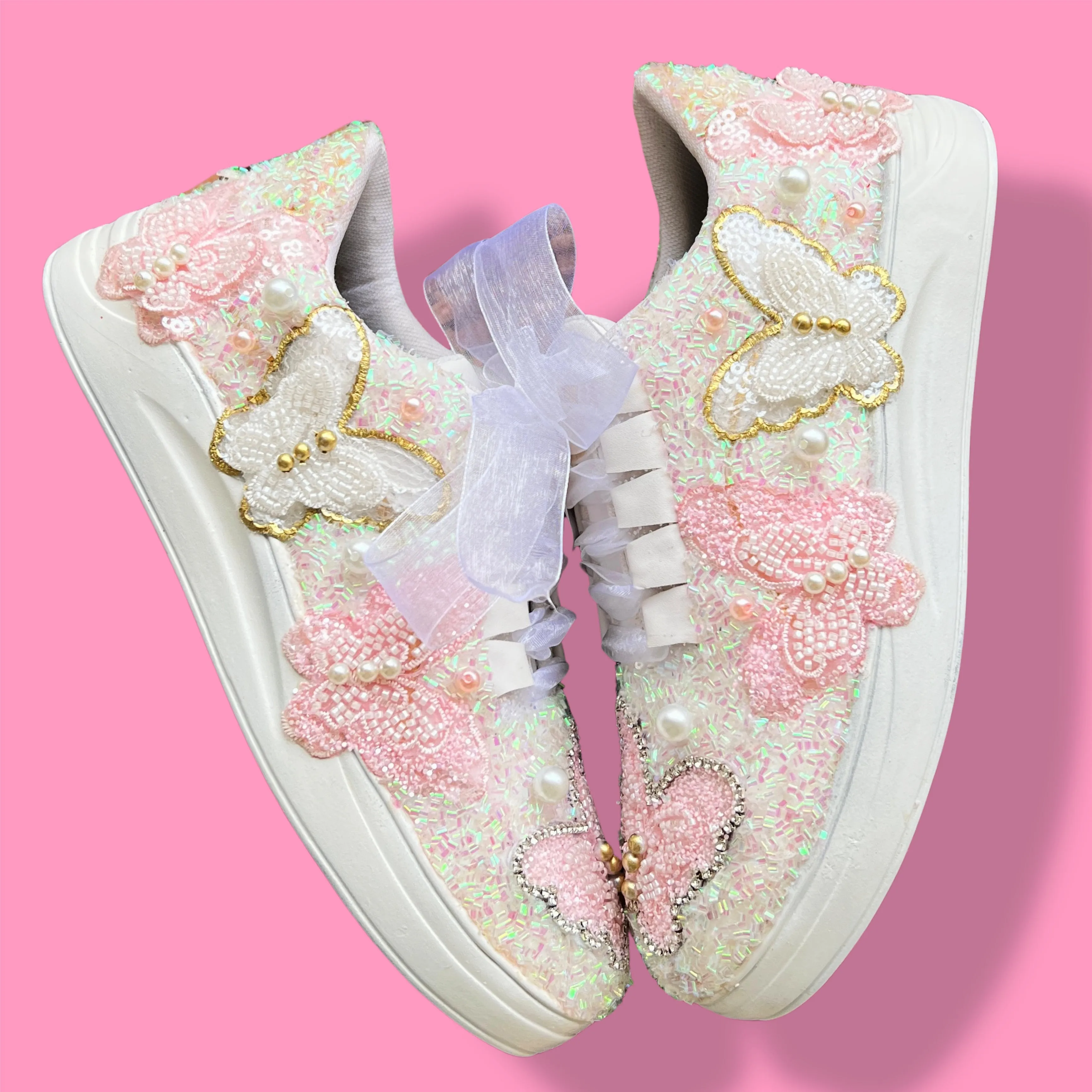 FUNKY N TRENDY pink white butterfly sneakers/ hand work sneakers for brides / bridesmaids/ pink shoes / pink sneakers