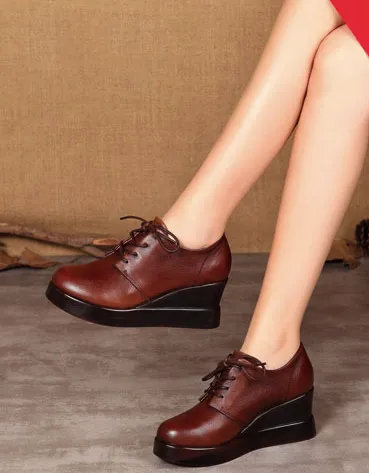 Genuine Leather Lace Up Wedge Shoes