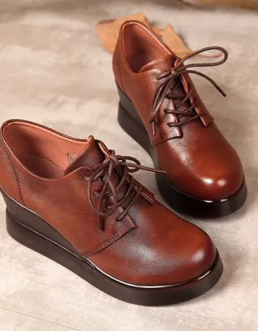 Genuine Leather Lace Up Wedge Shoes