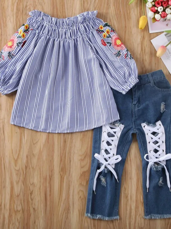 Girls Striped Flower Long Sleeve Off Shoulder Top and Denim Pant Set