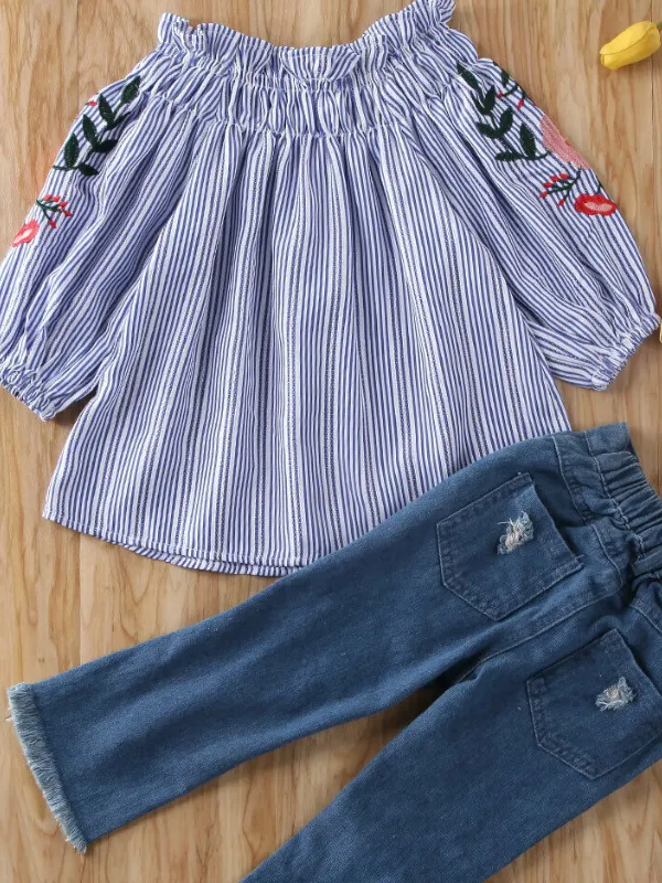 Girls Striped Flower Long Sleeve Off Shoulder Top and Denim Pant Set