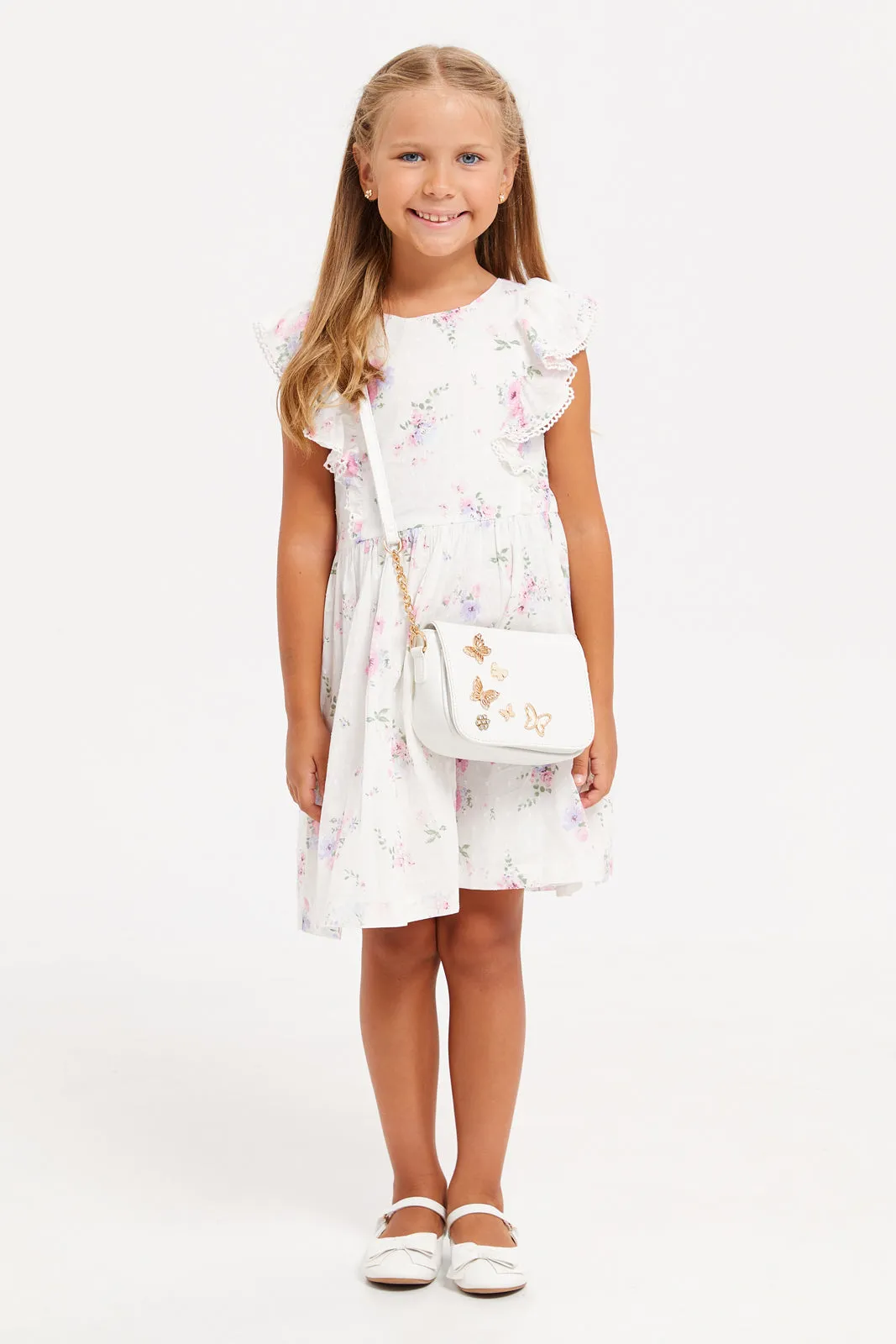 Girls White Printed Dress