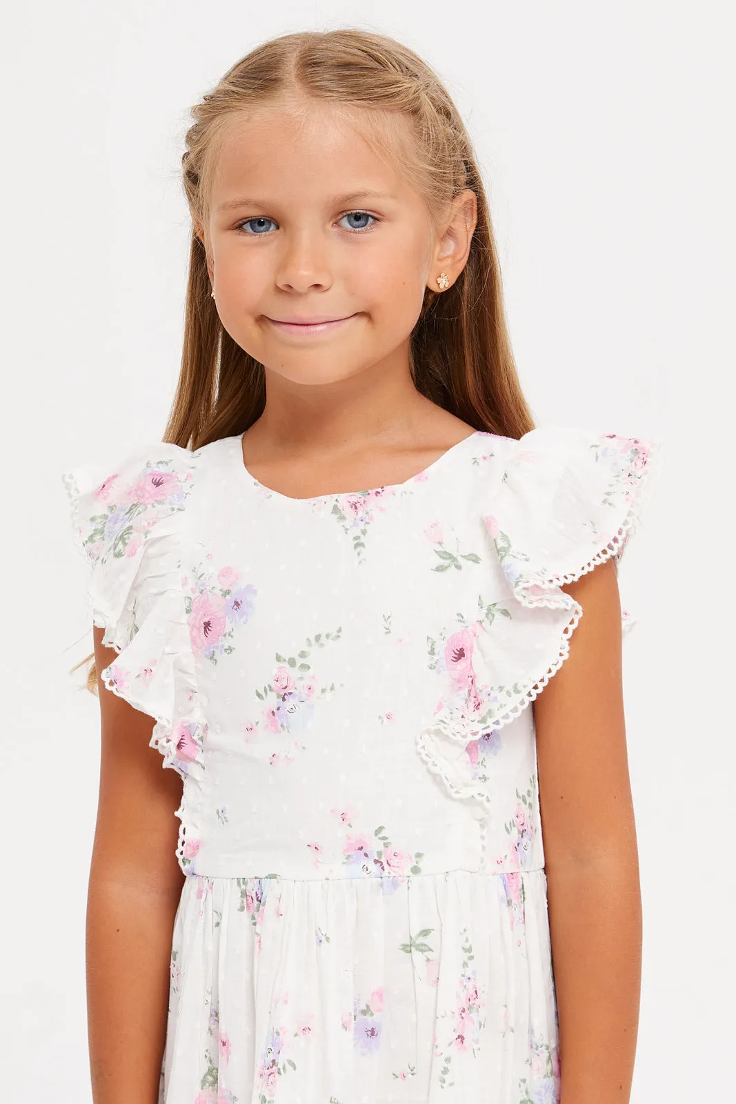 Girls White Printed Dress