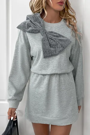 Gray Glitter Bow High Waist Sweatshirt Dress