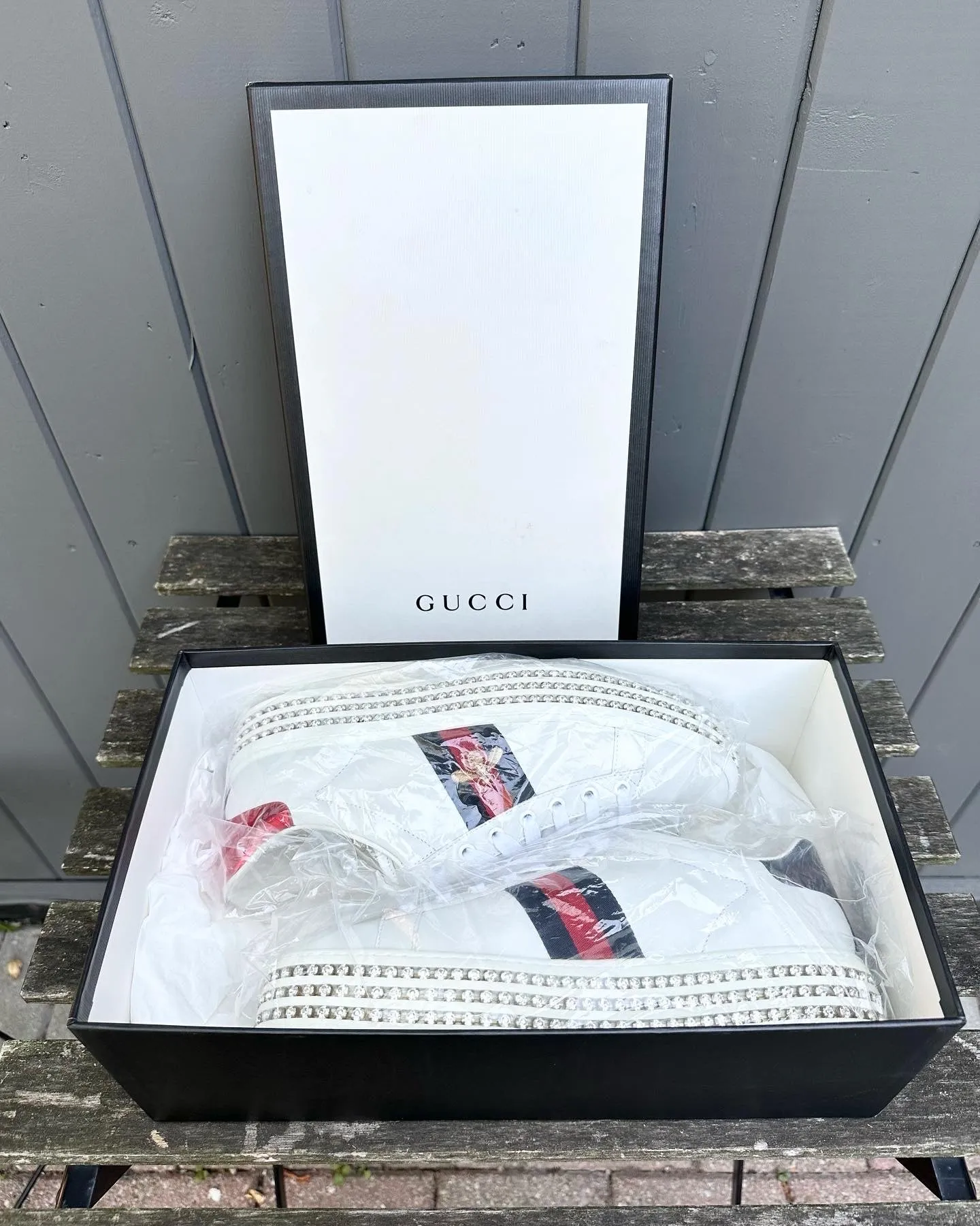 GUCCI Bee Web Detail Ace Crystal Embellished Platform Leather Sneakers