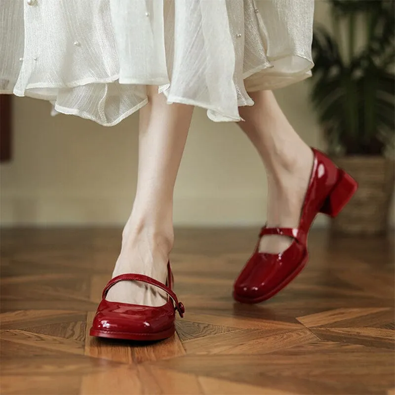 Handmade Patent Leather Mary Jane Pumps Block Heel Office Shoes in Red/Black