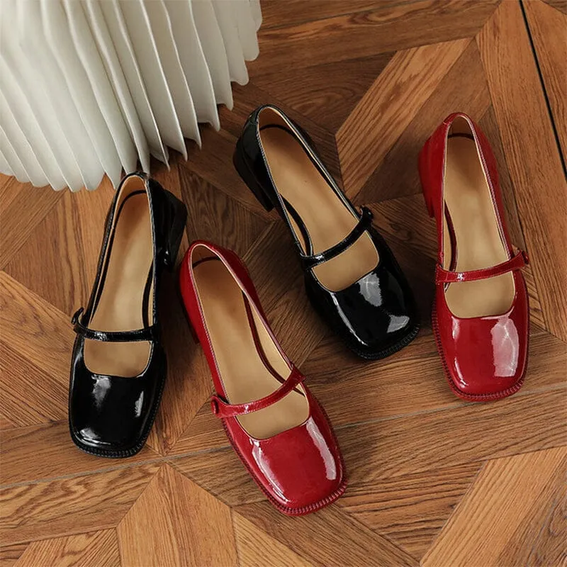 Handmade Patent Leather Mary Jane Pumps Block Heel Office Shoes in Red/Black