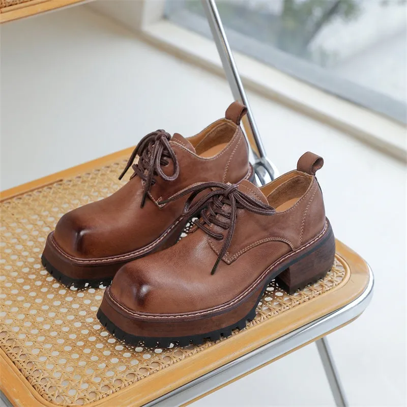 Handmade Retro Cow Leather Oxford Shoes in Coffee/Brown Student Shoes