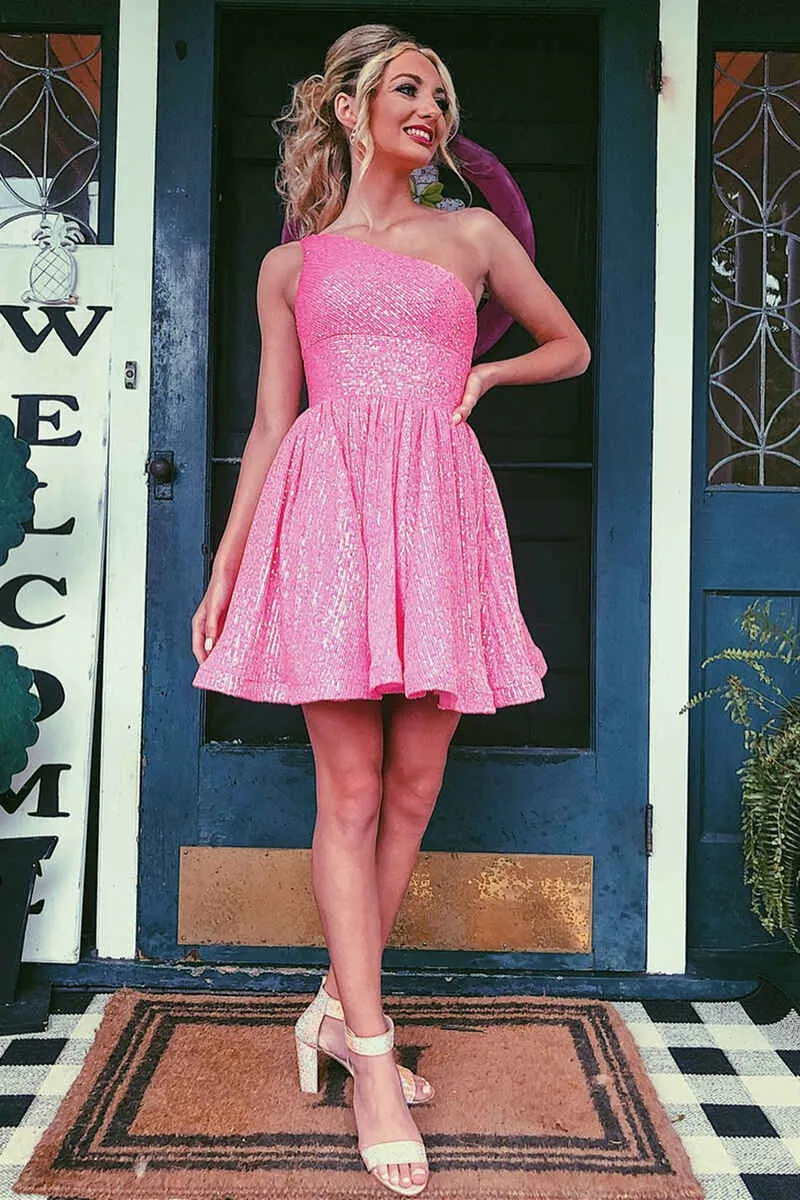 Hot Pink One Shoulder A Line Short Homecoming Dress Sequins