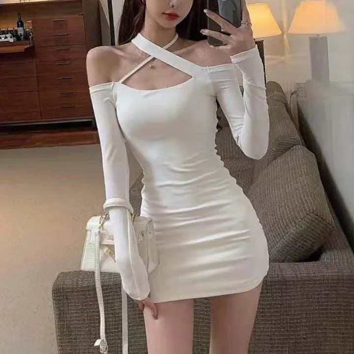 IKEARLAX Early Autumn Winter off-Shoulder Shoulder-Baring Halterneck Long-Sleeved Dress Waist-Tight Hip-Wrapped Inner Wear Bottoming Skirt Factory