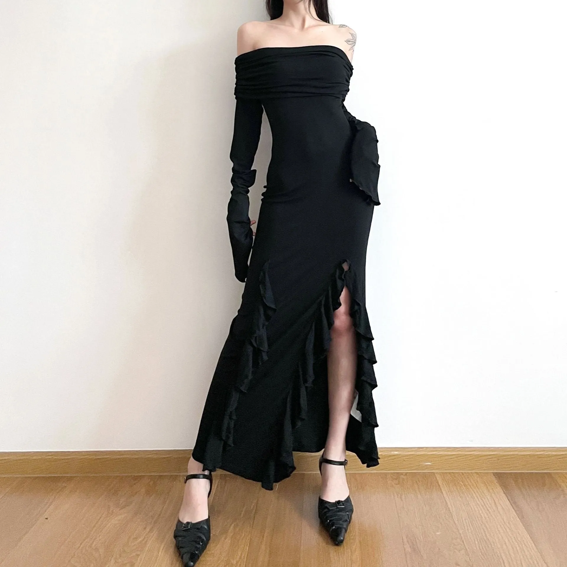 ikearlax Waste Soil Style off-Shoulder Ruffled Slit Dress  Pure Desire Style Hot Girl Sexy Tight Fashion Dress Women