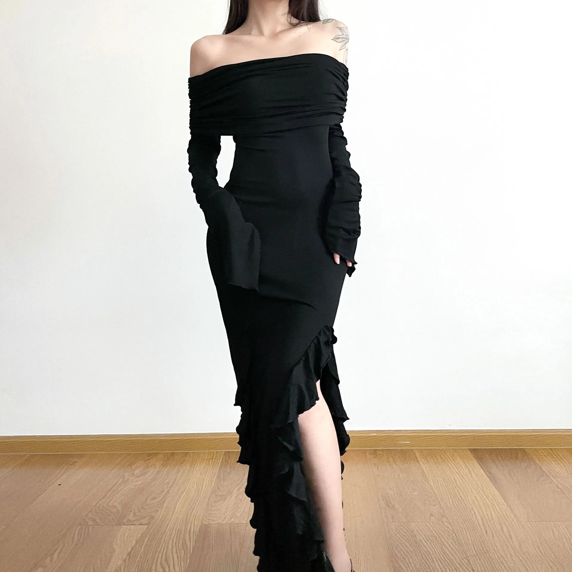 ikearlax Waste Soil Style off-Shoulder Ruffled Slit Dress  Pure Desire Style Hot Girl Sexy Tight Fashion Dress Women