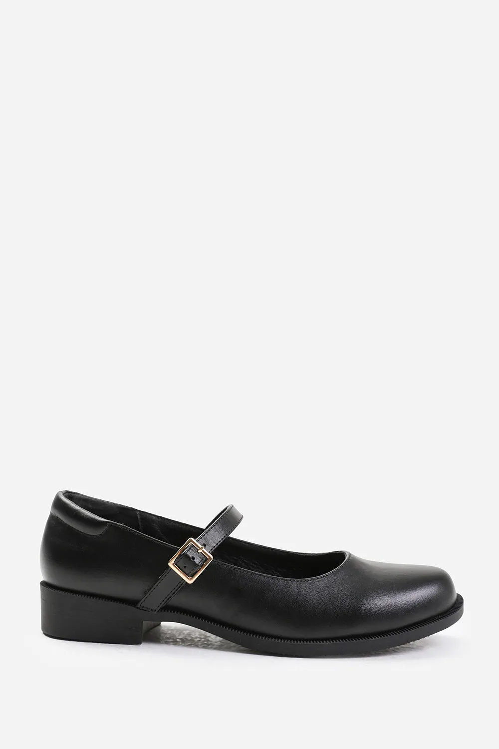 KINGSTON LOW HEEL LOAFER WITH STRAP AND BUCKLE DETAIL IN BLACK FAUX LEATHER