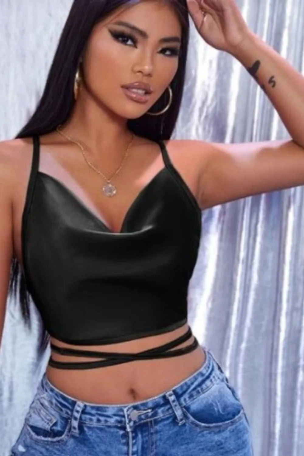 Lazy Black Cowl Neck Crop Top