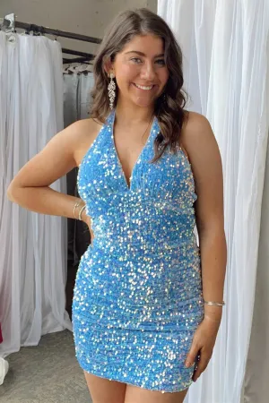 Light Blue Sequin Bodycon Short Homecoming Gown Cocktail Dresses