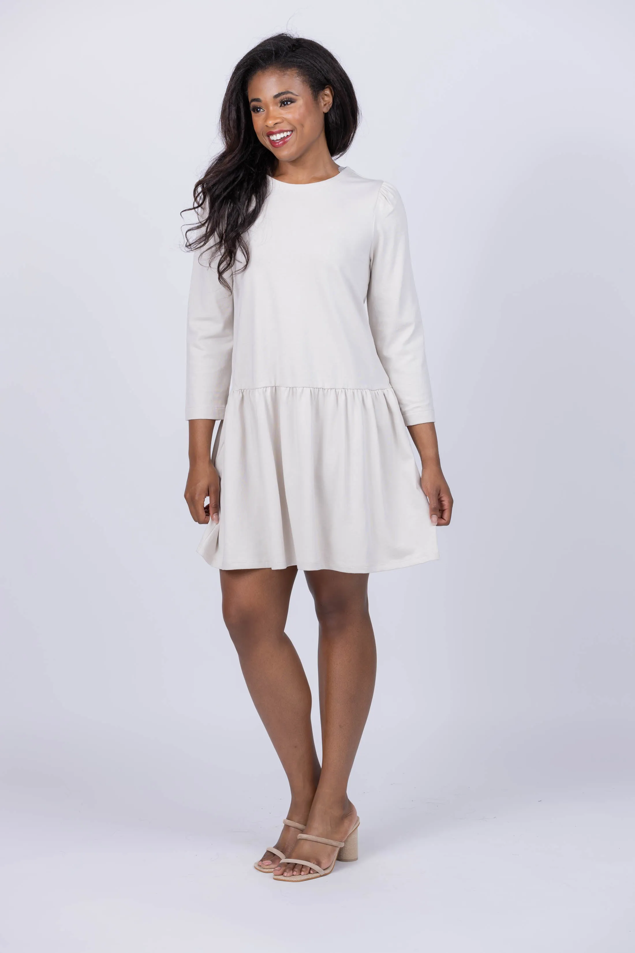 Lilla P Wide Sleeve Peplum Dress in Alabaster