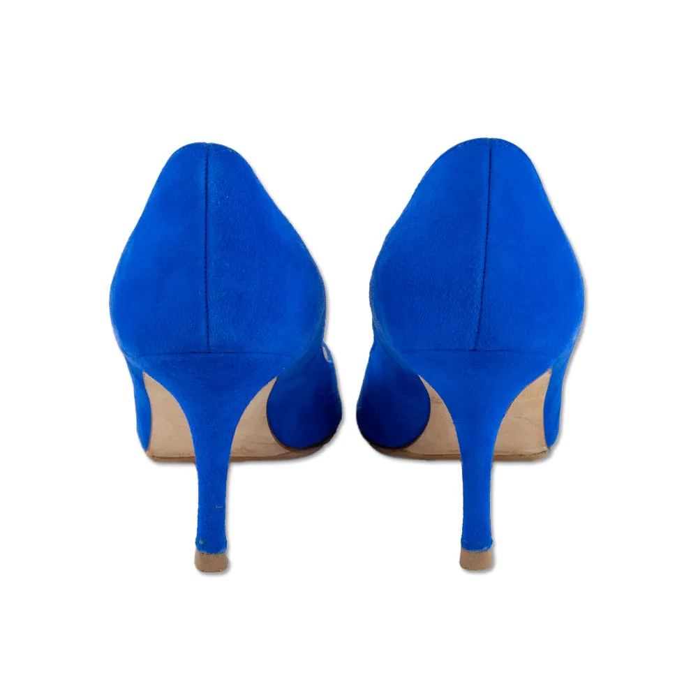 Manolo Blahnik Cobalt Blue Suede Peep Toe Heels