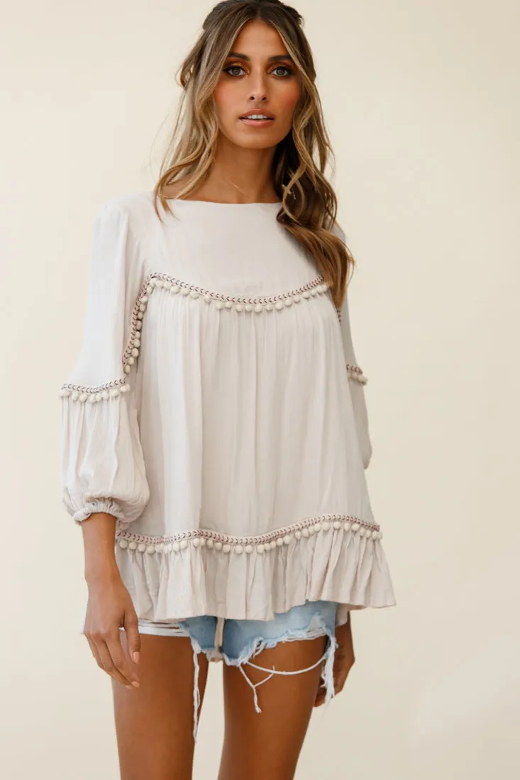 Marionette Three-Quarter Sleeve Pom-Pom Top Beige