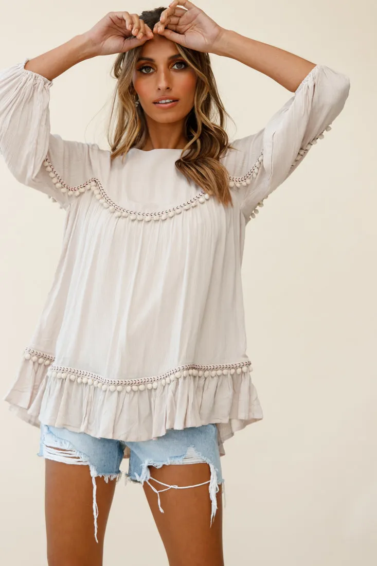 Marionette Three-Quarter Sleeve Pom-Pom Top Beige