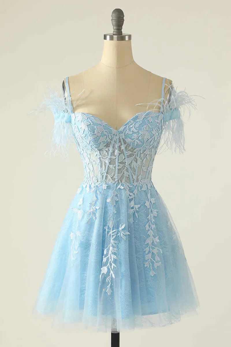 Modest Light Blue Appliques A-Line Short Homecoming Dresses